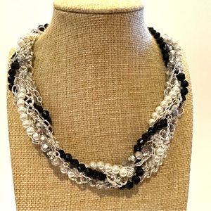 White House Black Market Necklace multistrand silver / faux pearls & black beads